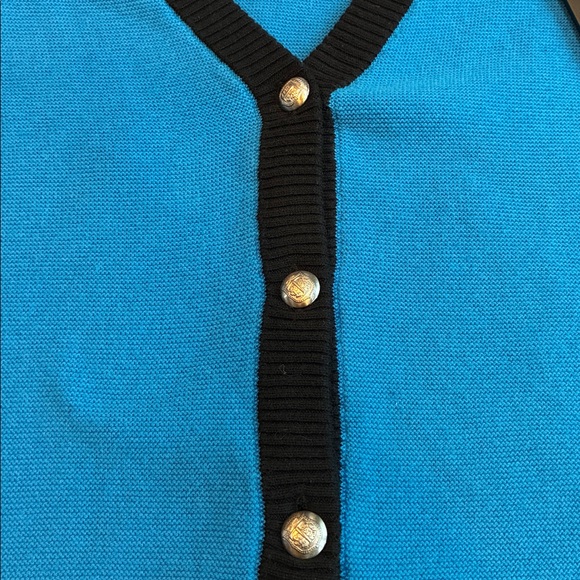 Talbots Tipped Texture V-neck Cardigan Sweater Blue black Silver tone buttons M - Picture 6 of 10